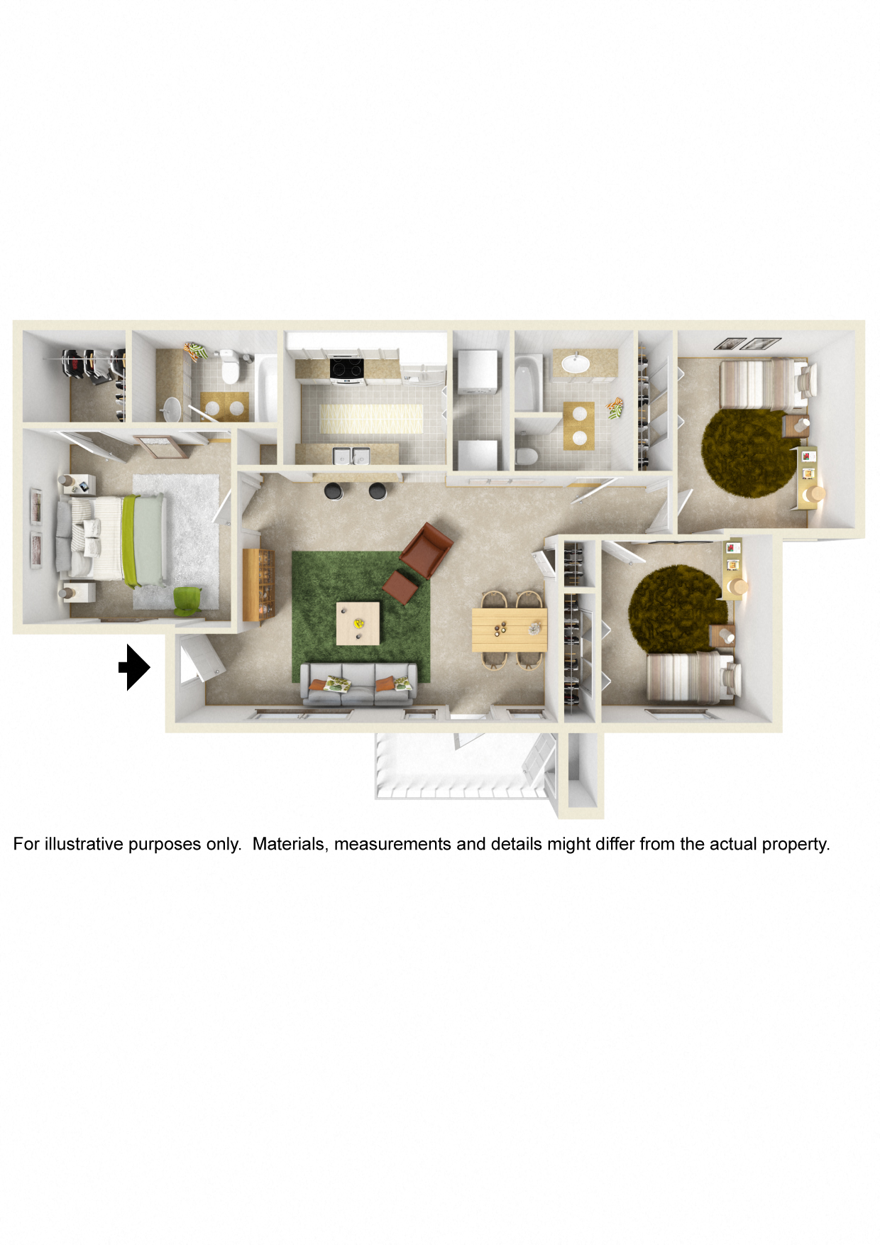 Floor plan for 3 beds, 2 baths, 1100 sqft